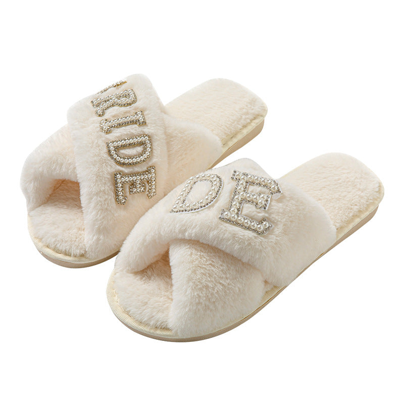 Bride Plush Slippers Cross-Border Popular Pearl Letters Bride Cross Plush Slippers Bachelor Party Wedding