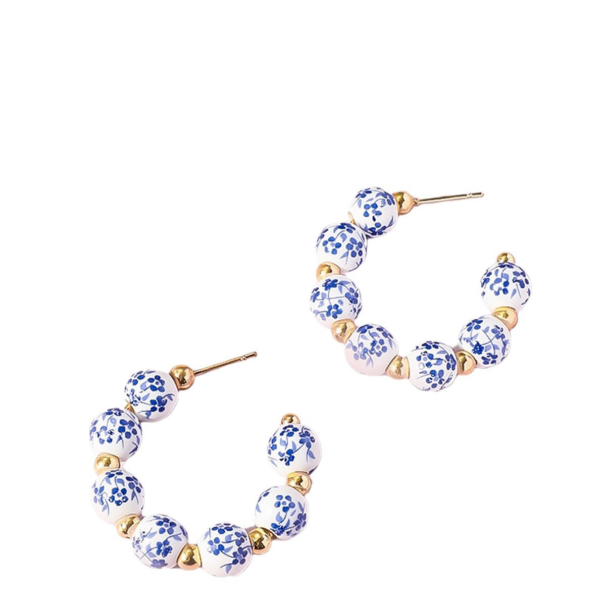 Cross-Border Hot Selling Ceramic Earrings for Women New Chinese Fashion Small Gold Bean Beads Blue and White Porcelain Semi-Circle Earrings Wholesale Supply