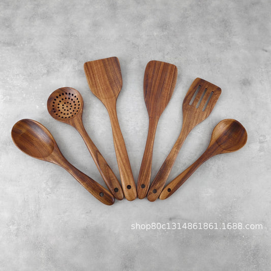 Teak Wood Six-Piece Set, Solid Wood, Environmentally Friendly, Does Not Damage Pots, Good Heat Insulation, Kitchen Functional Spoon and Spatula Set