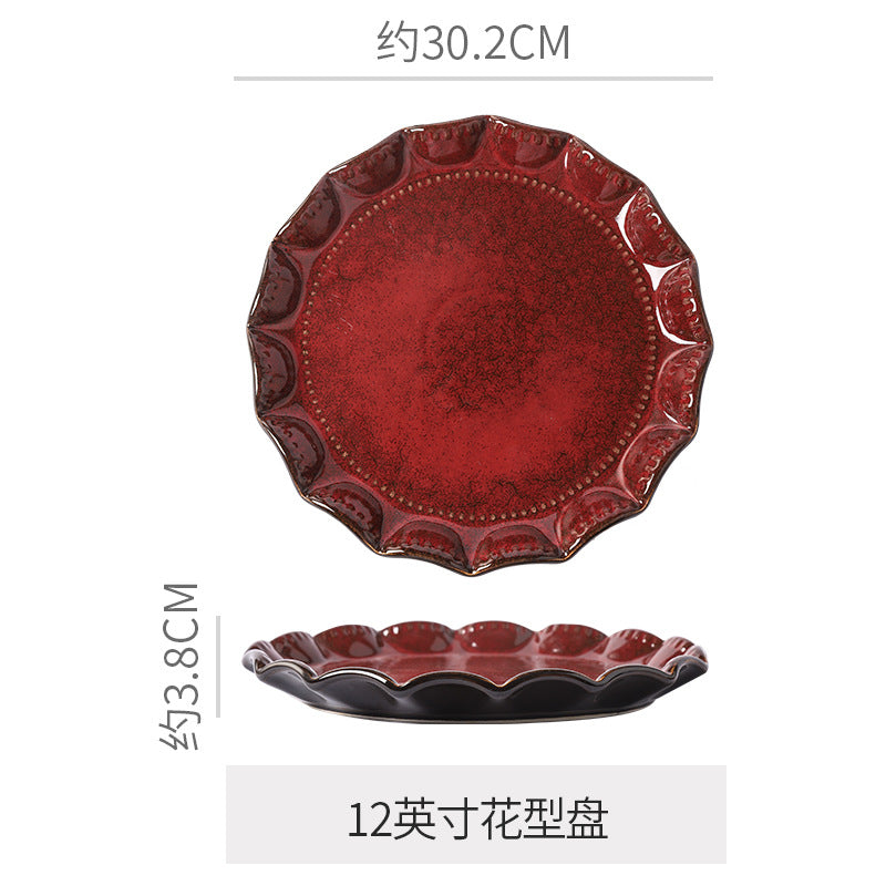 Personalized wine red ceramic restaurant hotel tableware embossed exquisite fruit pastry tray tea tray household dish salad bowl