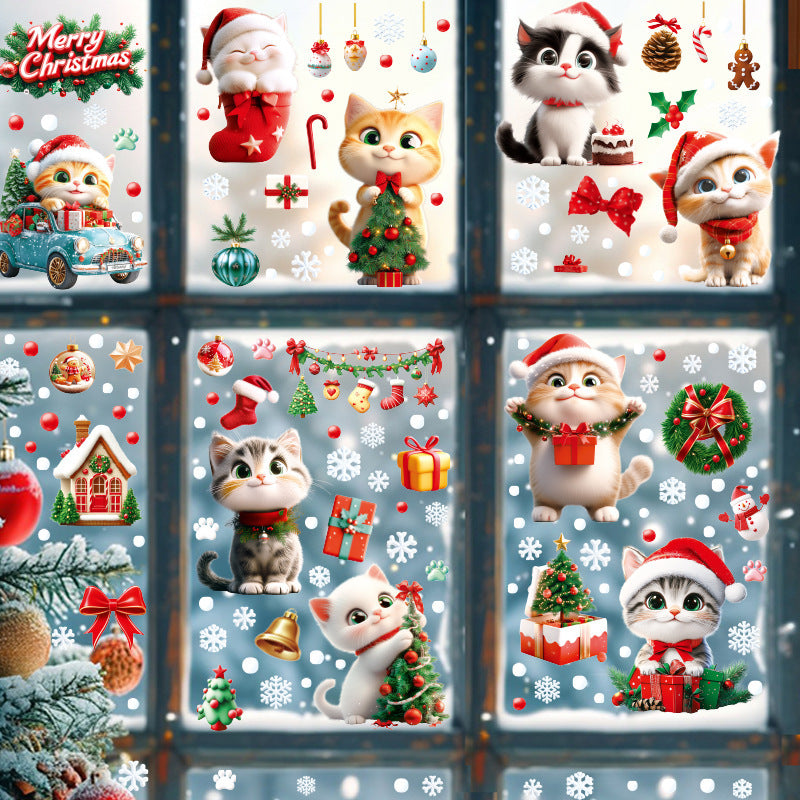 Cross-border New Cute Christmas Cat House Gift Snowflake Glass Stickers Shopping Mall Doors and Windows Flower Decoration Electrostatic Stickers