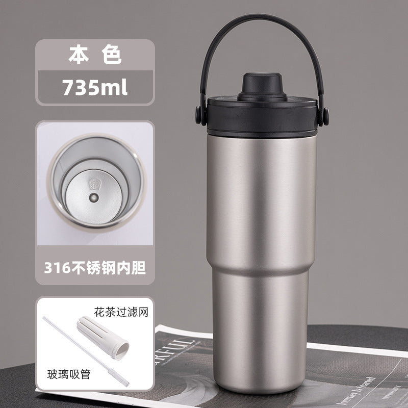 Cross-border high-value 316 stainless steel thermos cup large-capacity double-drink ceramic liner car cup portable handle cup