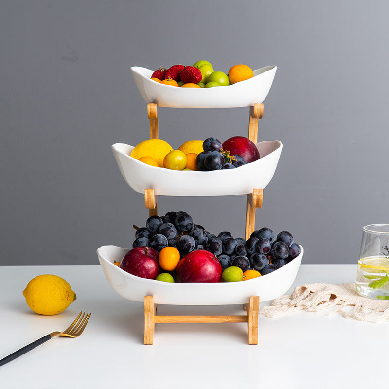 European-style three-layer ceramic dried fruit plate new creative bamboo rack multi-layer fruit plate household snack plate factory direct sales