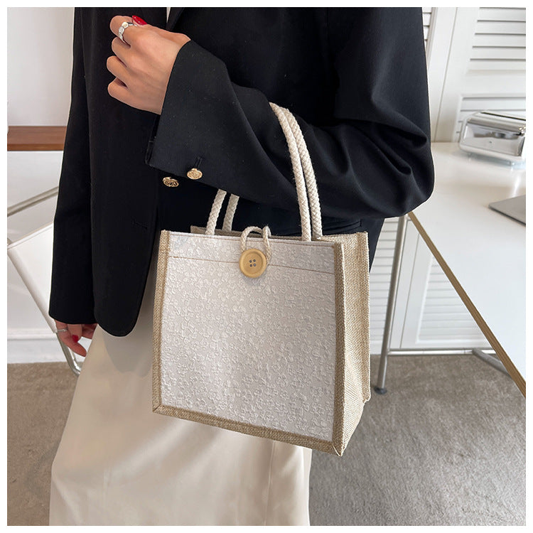 Internet Celebrity Portable Linen Bag Women's 2023 Western Style Hand-Carrying Lunch Bag for Work and Going Out Japanese Style ins Small Satchel