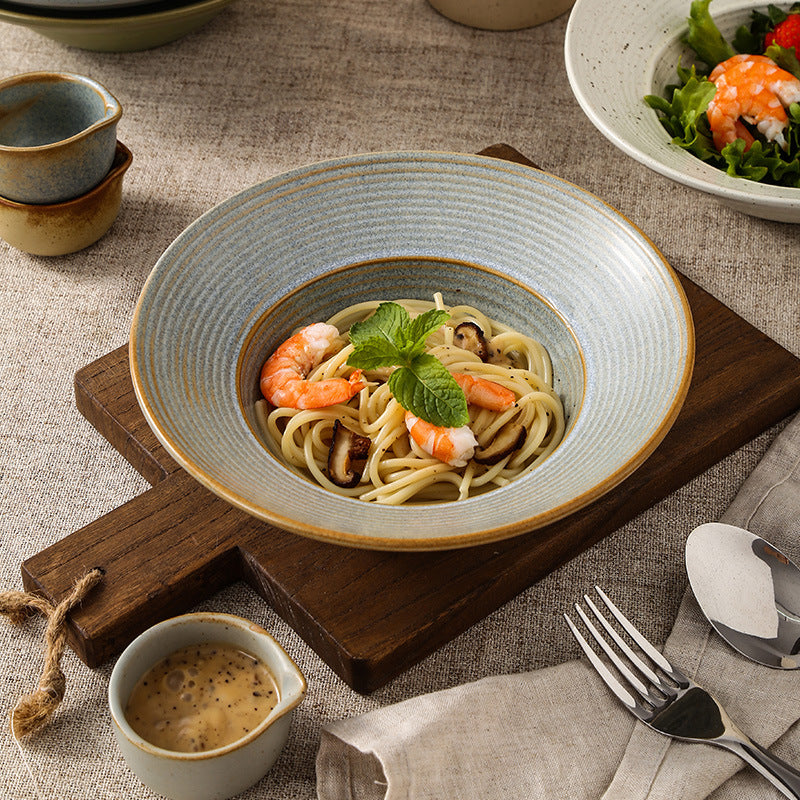 Retro Style Ceramic Kiln Straw Hat Plate Restaurant Hotel Home Threaded Pasta Plate Japanese Fruit Salad Snack Plate