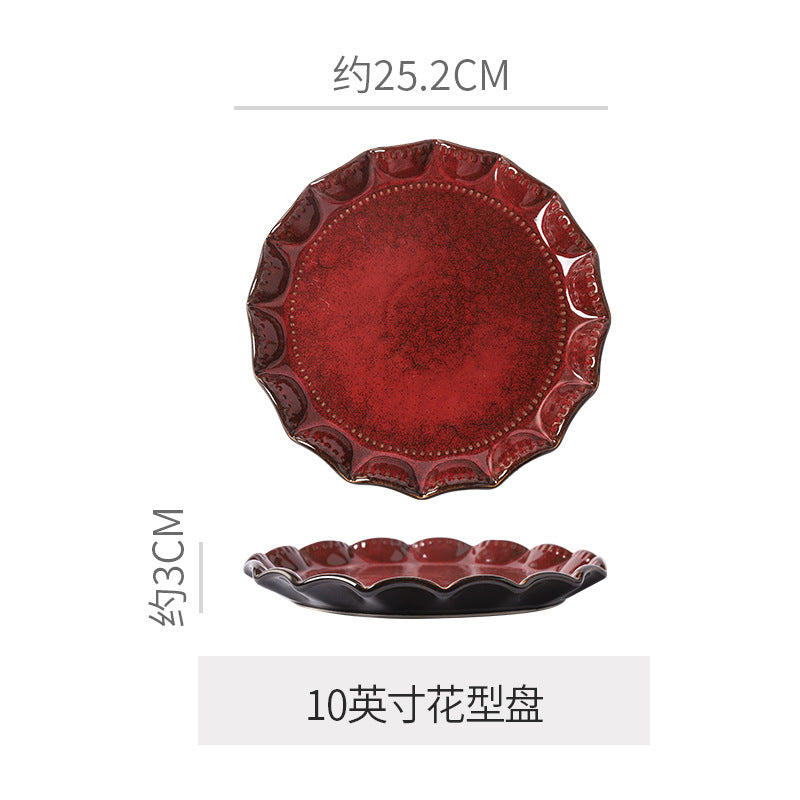 Personalized wine red ceramic restaurant hotel tableware embossed exquisite fruit pastry tray tea tray household dish salad bowl