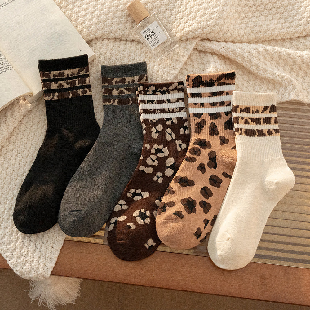 Socks Women's Mid-length Socks Spring and Autumn Korean Style Fashionable Socks Spotted Leopard Print Stockings All-match Non-slip Women's High Socks