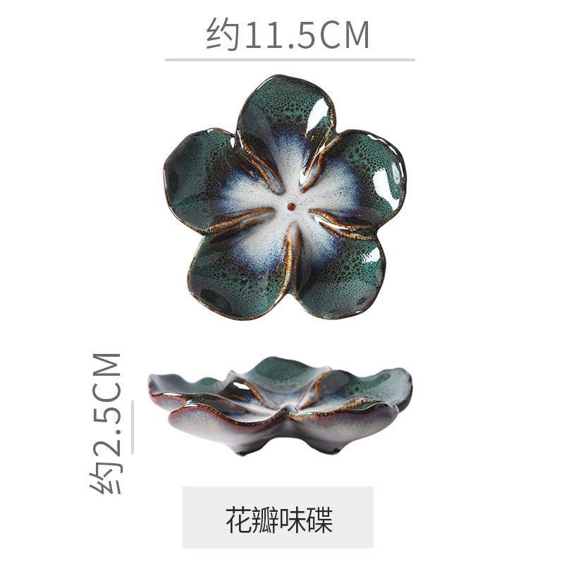 Retro Japanese Ceramic Plate Flower-Shaped Small Plate Creative Flavor Plate Dipping Plate Small Dish Multi-Color Kiln-Turned Plate