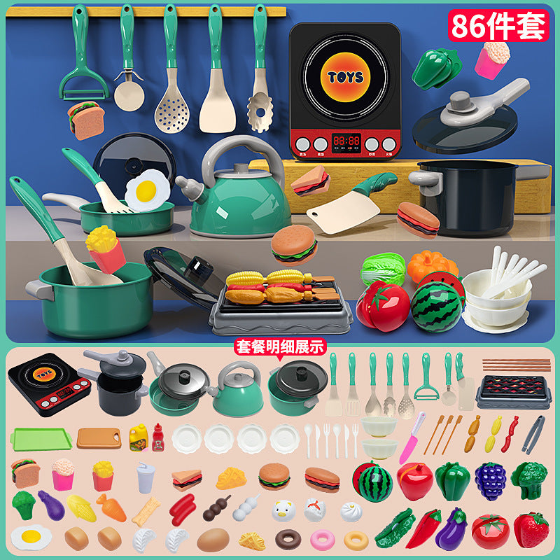 [Cross-border Exclusive] Simulation Kitchenette Cooking Kitchenware suit Fruit Chicing Music Cooking Induction Cooker to play house
