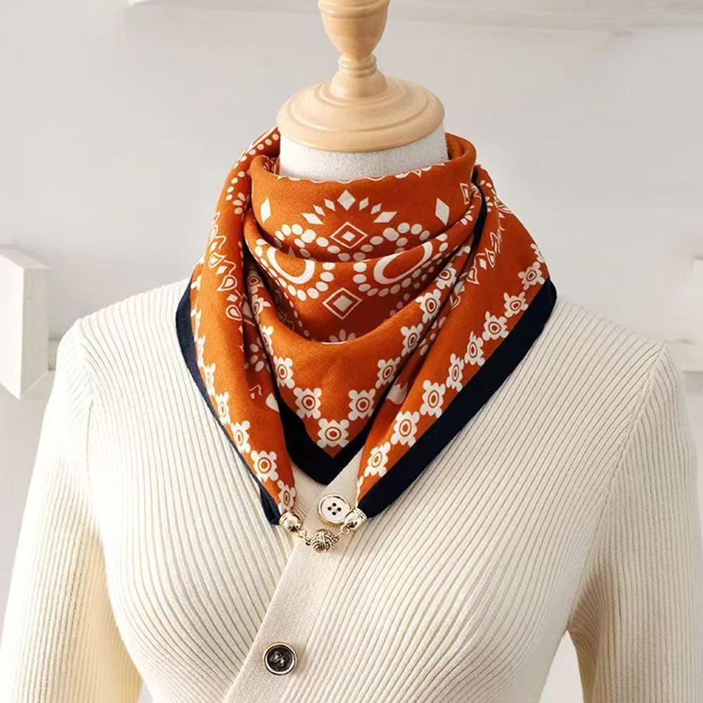 2026 New Style Warm Square Scarf with Magnetic Buckle, Triangular Silk Scarf, Cotton Scarf for Women, Stylish Neck Warmer for Spring, Autumn, and Winter, Versatile and Elegant
