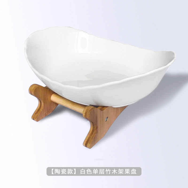 European-style three-layer ceramic dried fruit plate new creative bamboo rack multi-layer fruit plate household snack plate factory direct sales