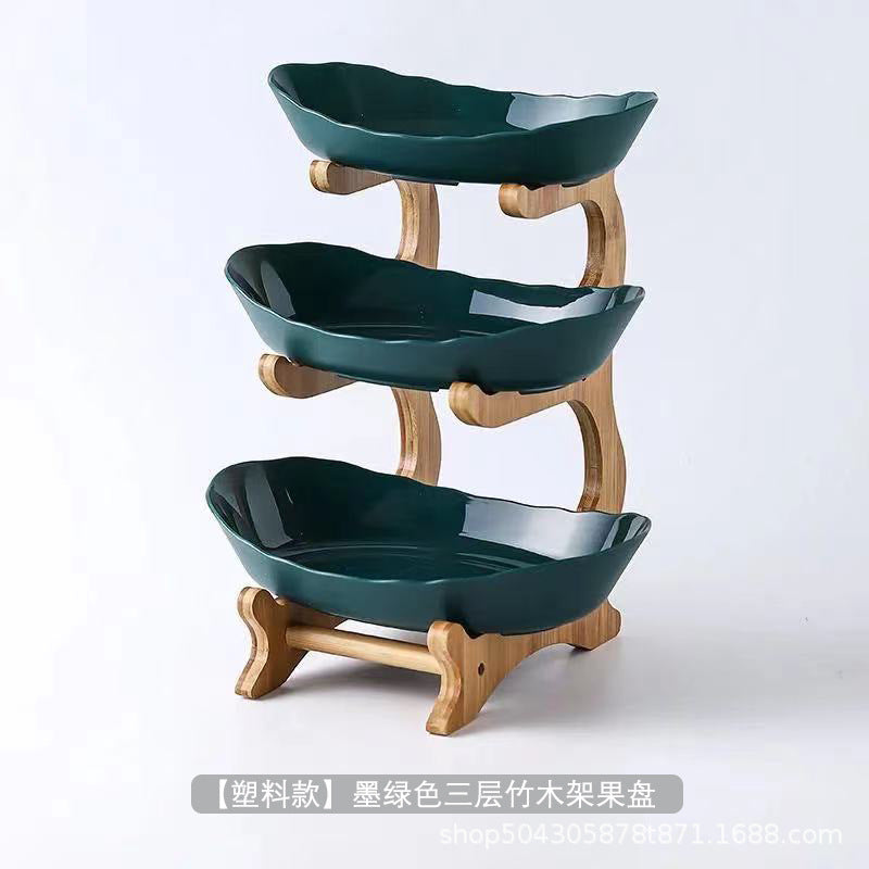 European-style three-layer ceramic dried fruit plate new creative bamboo rack multi-layer fruit plate household snack plate factory direct sales
