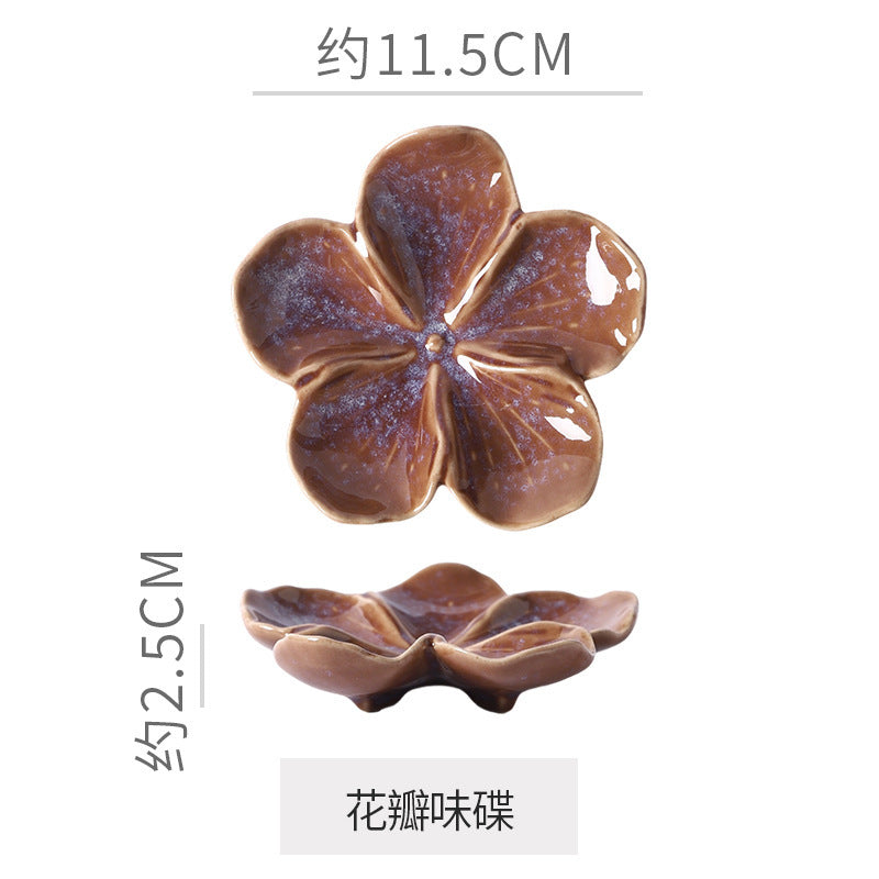 Retro Japanese Ceramic Plate Flower-Shaped Small Plate Creative Flavor Plate Dipping Plate Small Dish Multi-Color Kiln-Turned Plate