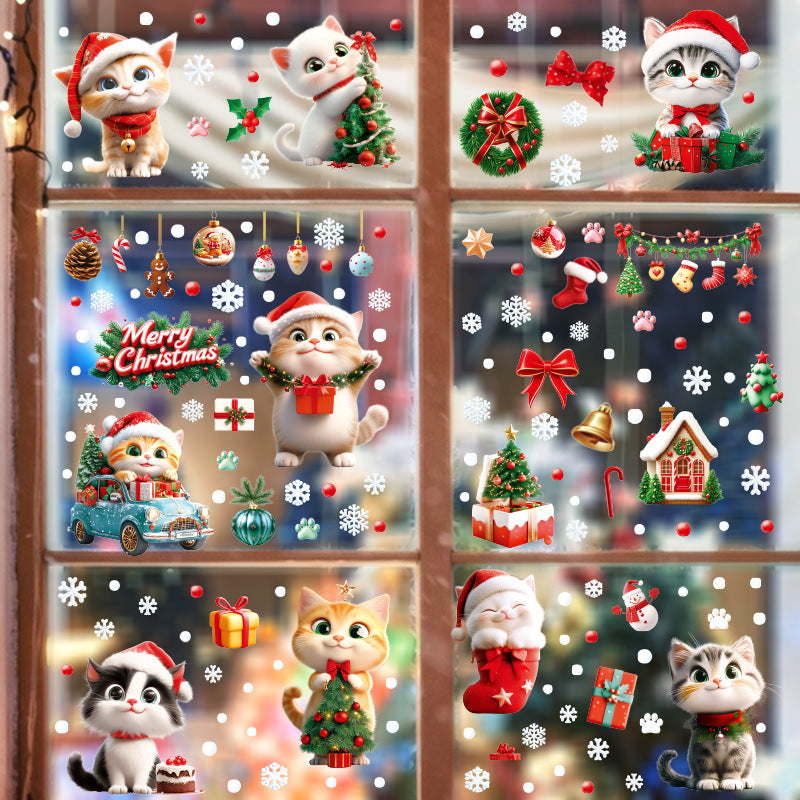Cross-border New Cute Christmas Cat House Gift Snowflake Glass Stickers Shopping Mall Doors and Windows Flower Decoration Electrostatic Stickers