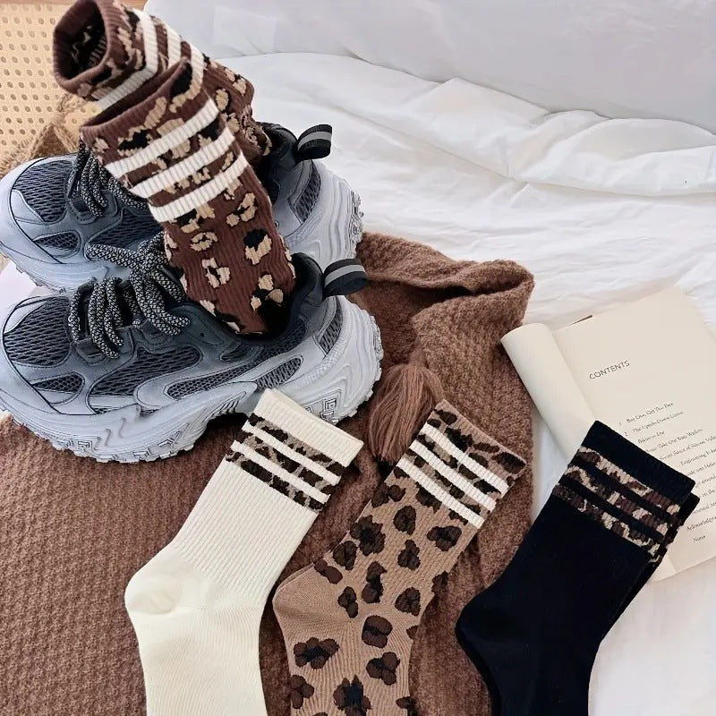 Socks Women's Mid-length Socks Spring and Autumn Korean Style Fashionable Socks Spotted Leopard Print Stockings All-match Non-slip Women's High Socks