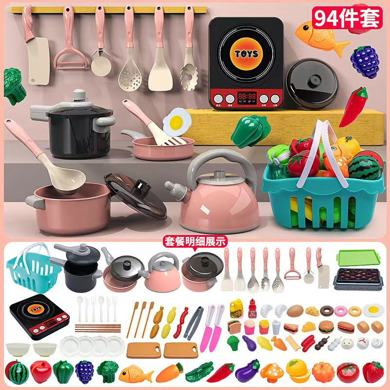 [Cross-border Exclusive] Simulation Kitchenette Cooking Kitchenware suit Fruit Chicing Music Cooking Induction Cooker to play house