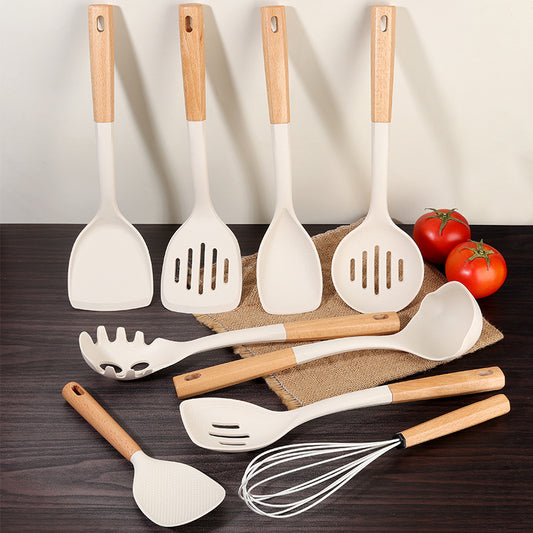 Wooden Handle Silicone Kitchen Utensil Set, Non-Stick Pan, Silicone Spatula, Soup Spoon, High Temperature Resistant Silicone Cooking Spatula, Daily Kitchen Utensils