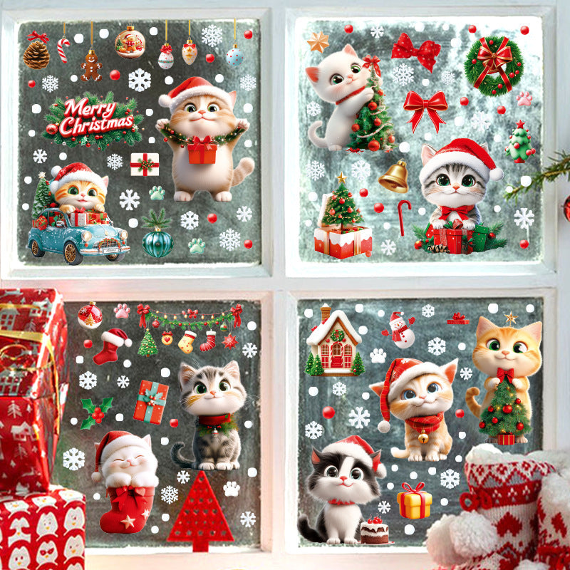 Cross-border New Cute Christmas Cat House Gift Snowflake Glass Stickers Shopping Mall Doors and Windows Flower Decoration Electrostatic Stickers