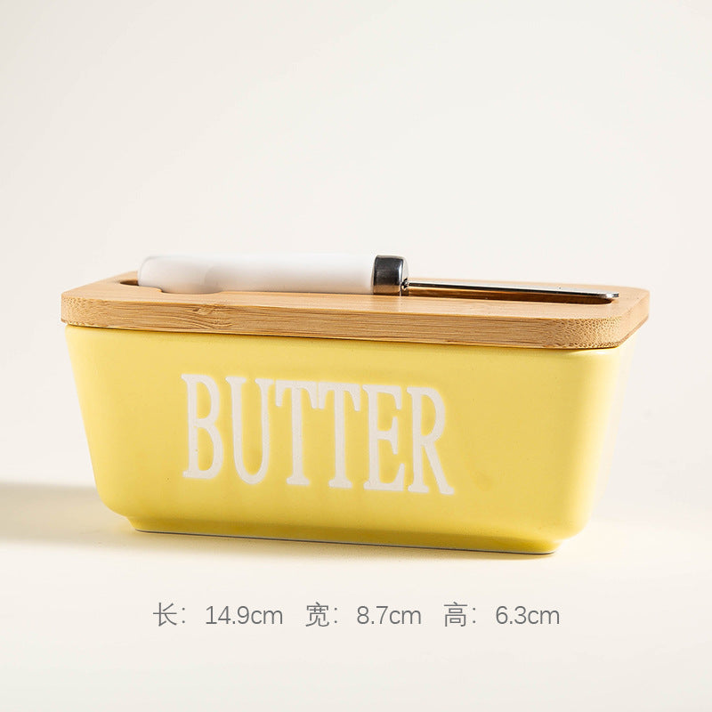 Ceramic Butter Box Rectangular Butter Sealing Box Cuttable Refrigerated Refrigerator Cheese Storage Box with Wooden Lid Butter Dish
