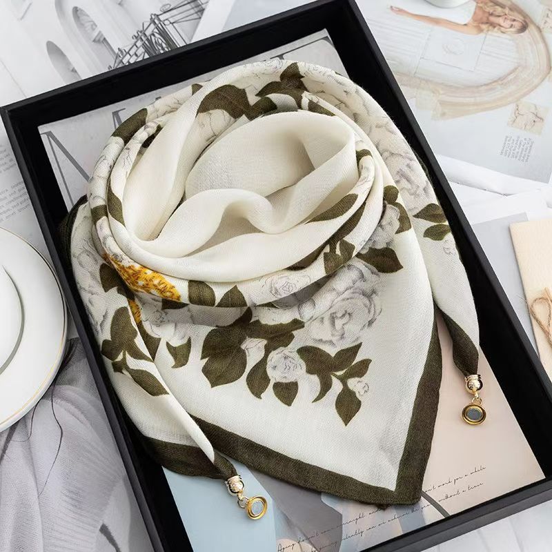 2026 New Style Warm Square Scarf with Magnetic Buckle, Triangular Silk Scarf, Cotton Scarf for Women, Stylish Neck Warmer for Spring, Autumn, and Winter, Versatile and Elegant