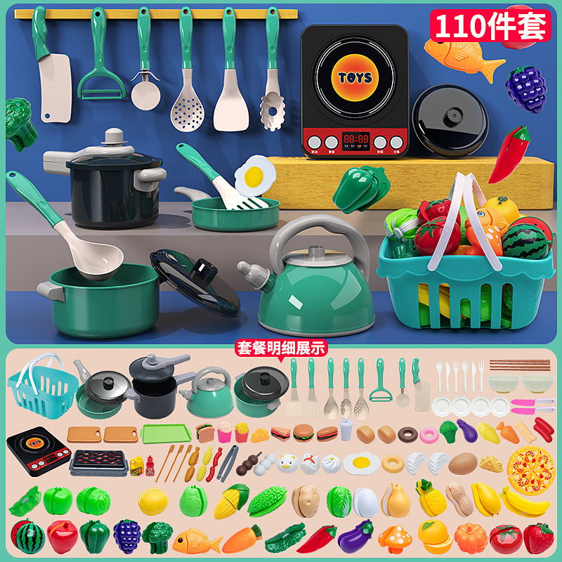 [Cross-border Exclusive] Simulation Kitchenette Cooking Kitchenware suit Fruit Chicing Music Cooking Induction Cooker to play house