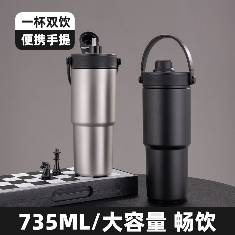 Cross-border high-value 316 stainless steel thermos cup large-capacity double-drink ceramic liner car cup portable handle cup