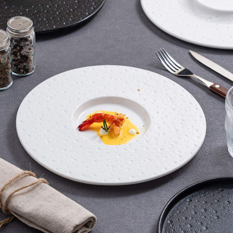 Simple Nordic Style Solid Color Ceramic Western Food Steak Plate High Color Value Mars Pit with Edge Disc Dim Dessert Plate