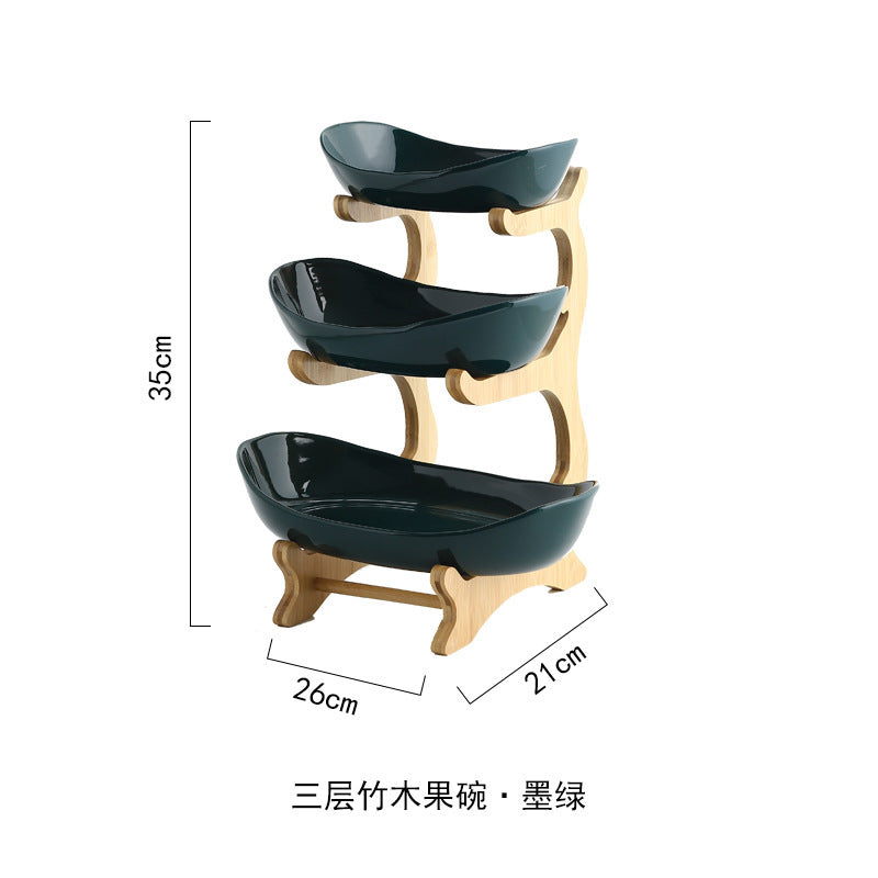 European-style three-layer ceramic dried fruit plate new creative bamboo rack multi-layer fruit plate household snack plate factory direct sales