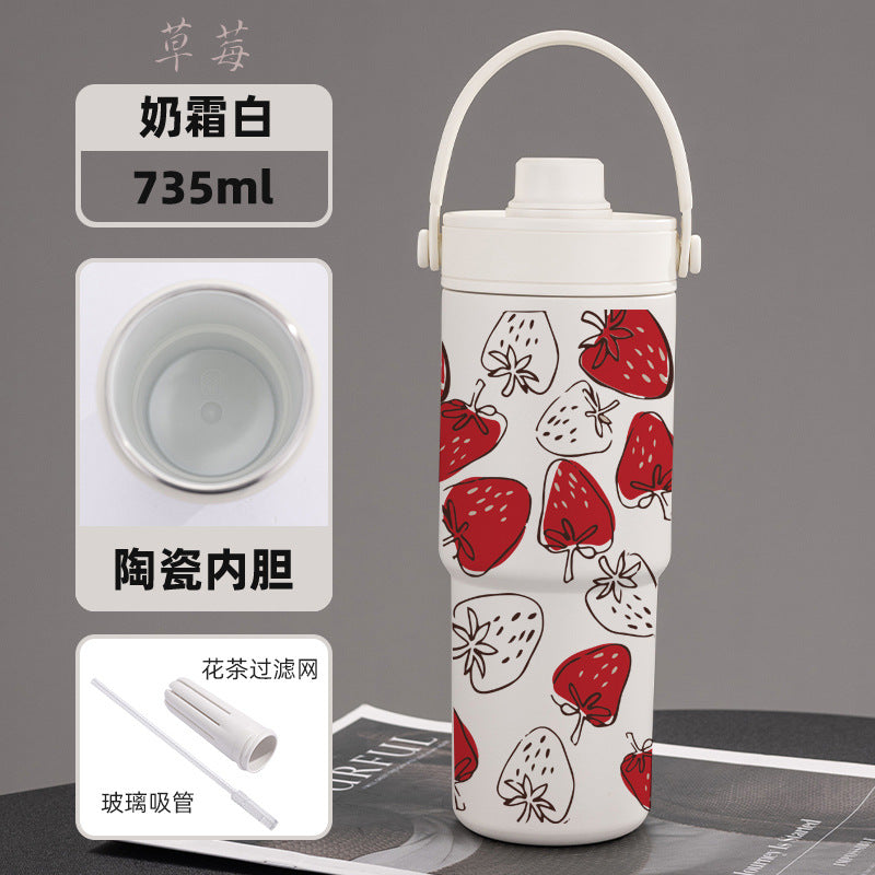 Cross-border high-value 316 stainless steel thermos cup large-capacity double-drink ceramic liner car cup portable handle cup