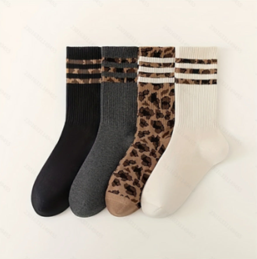 Socks Women's Mid-length Socks Spring and Autumn Korean Style Fashionable Socks Spotted Leopard Print Stockings All-match Non-slip Women's High Socks