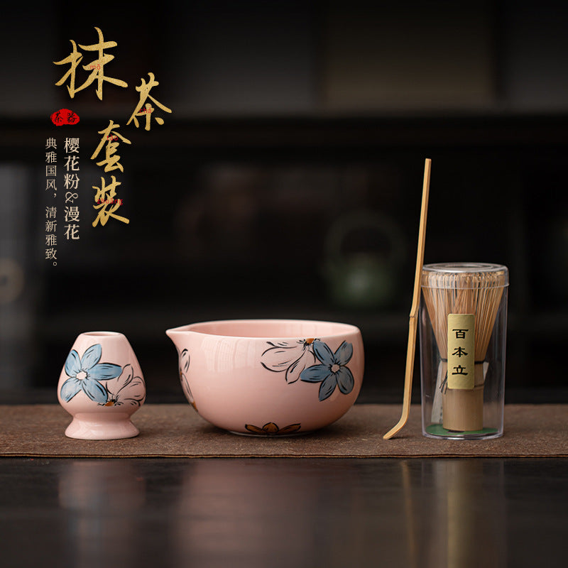 Japanese Tea Ceremony Cherry Blossom Pink Matcha Four-Piece Ceramic Matcha Bowl Tea Whisk Tea Spoon Tea Accessories