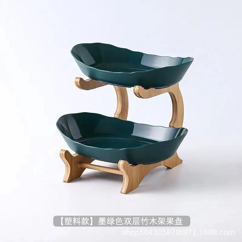 European-style three-layer ceramic dried fruit plate new creative bamboo rack multi-layer fruit plate household snack plate factory direct sales