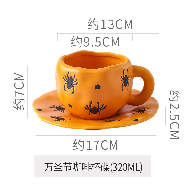 Creative Halloween-Themed Ceramic Cup and Saucer, Irregular Personalized Coffee Cup and Saucer with Pumpkin and Bat Patterns