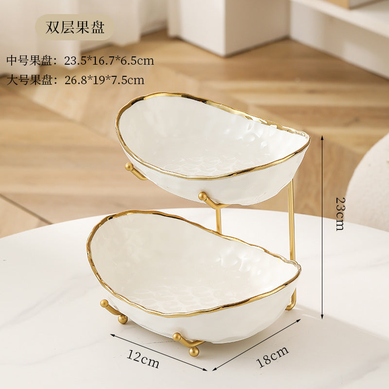 Light Luxury Ceramic Fruit Plate Iron Fruit Basket Double Layer Three Layer Fruit Plate Living Room Household Snack Snack Dried Fruit Plate