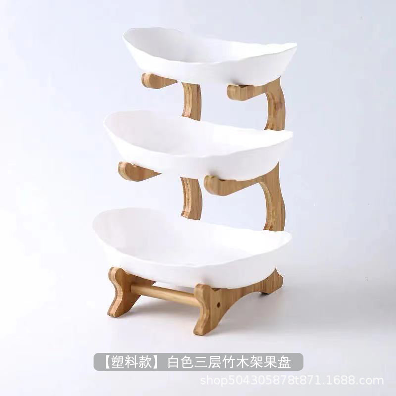 European-style three-layer ceramic dried fruit plate new creative bamboo rack multi-layer fruit plate household snack plate factory direct sales