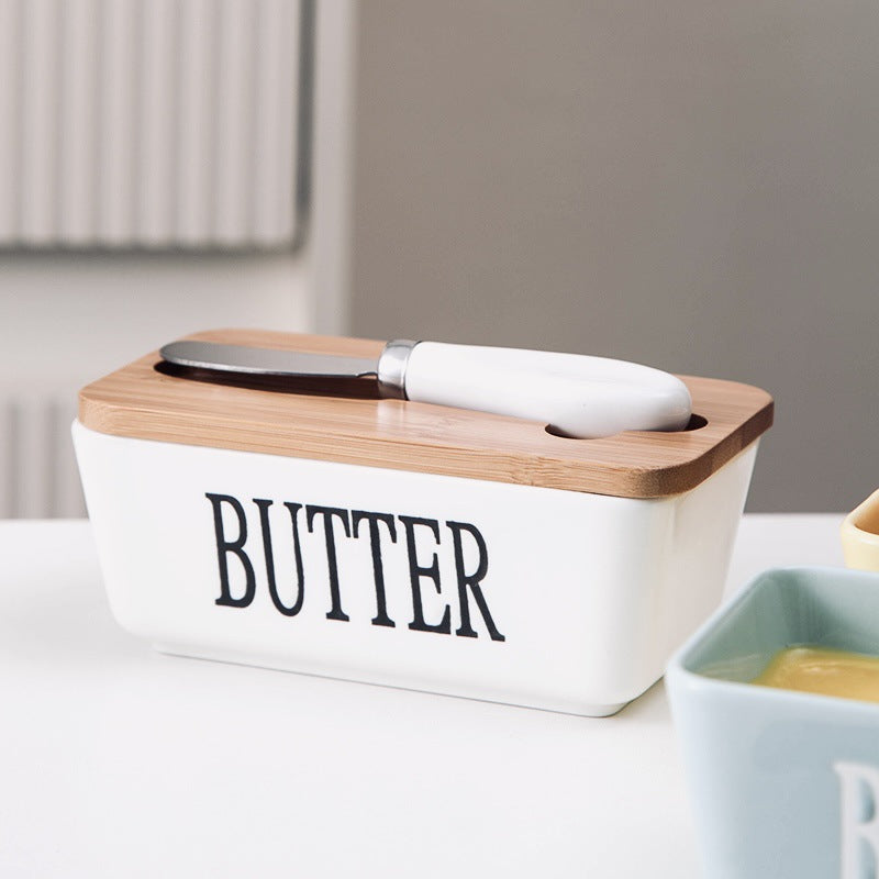Ceramic Butter Box Rectangular Butter Sealing Box Cuttable Refrigerated Refrigerator Cheese Storage Box with Wooden Lid Butter Dish