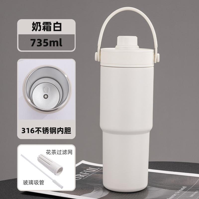 Cross-border high-value 316 stainless steel thermos cup large-capacity double-drink ceramic liner car cup portable handle cup