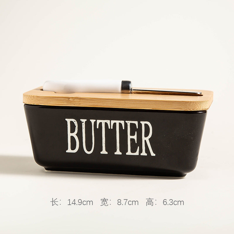 Ceramic Butter Box Rectangular Butter Sealing Box Cuttable Refrigerated Refrigerator Cheese Storage Box with Wooden Lid Butter Dish