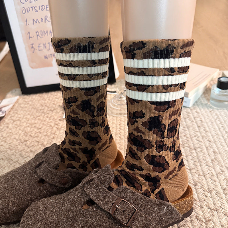 Socks Women's Mid-length Socks Spring and Autumn Korean Style Fashionable Socks Spotted Leopard Print Stockings All-match Non-slip Women's High Socks
