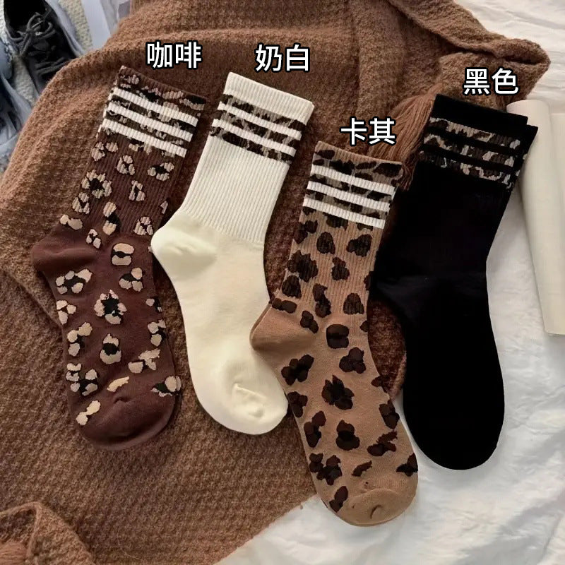 Socks Women's Mid-length Socks Spring and Autumn Korean Style Fashionable Socks Spotted Leopard Print Stockings All-match Non-slip Women's High Socks