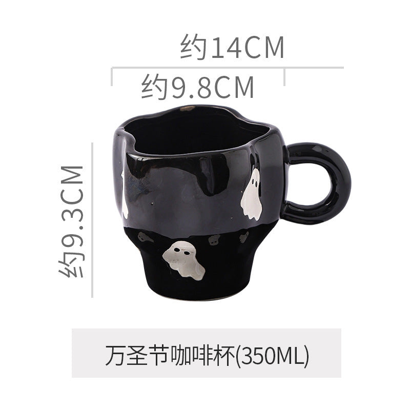 Creative Halloween-Themed Ceramic Cup and Saucer, Irregular Personalized Coffee Cup and Saucer with Pumpkin and Bat Patterns