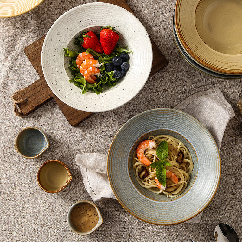 Retro Style Ceramic Kiln Straw Hat Plate Restaurant Hotel Home Threaded Pasta Plate Japanese Fruit Salad Snack Plate