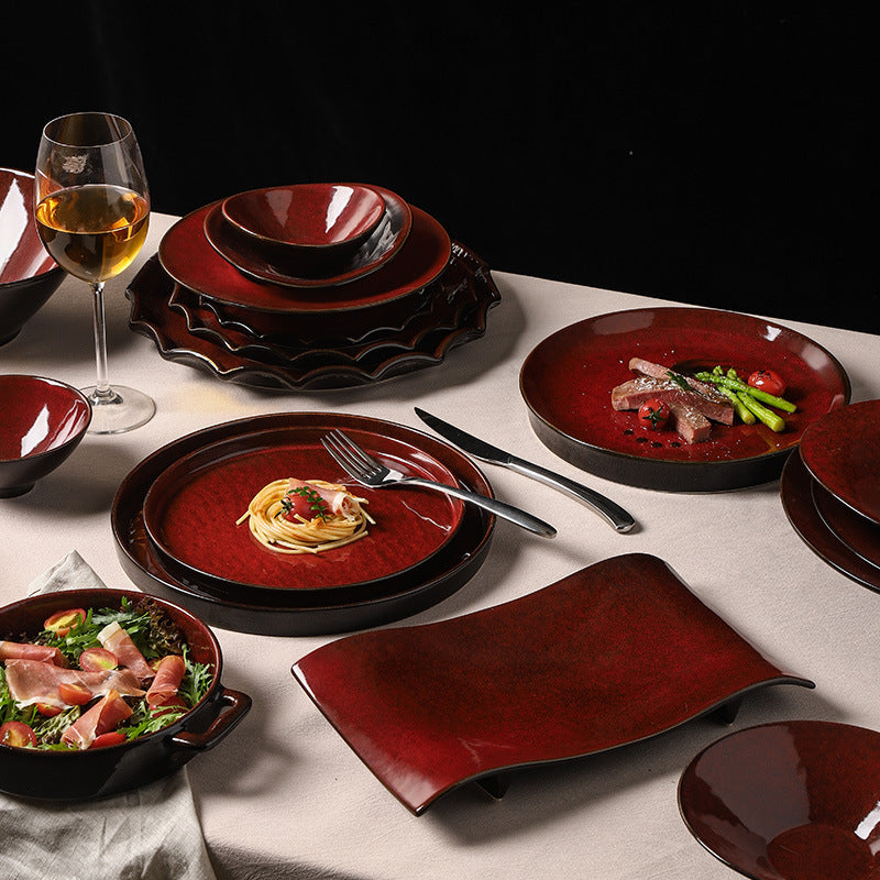 Personalized wine red ceramic restaurant hotel tableware embossed exquisite fruit pastry tray tea tray household dish salad bowl