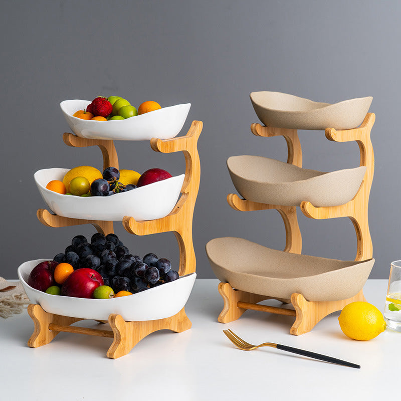 European-style three-layer ceramic dried fruit plate new creative bamboo rack multi-layer fruit plate household snack plate factory direct sales