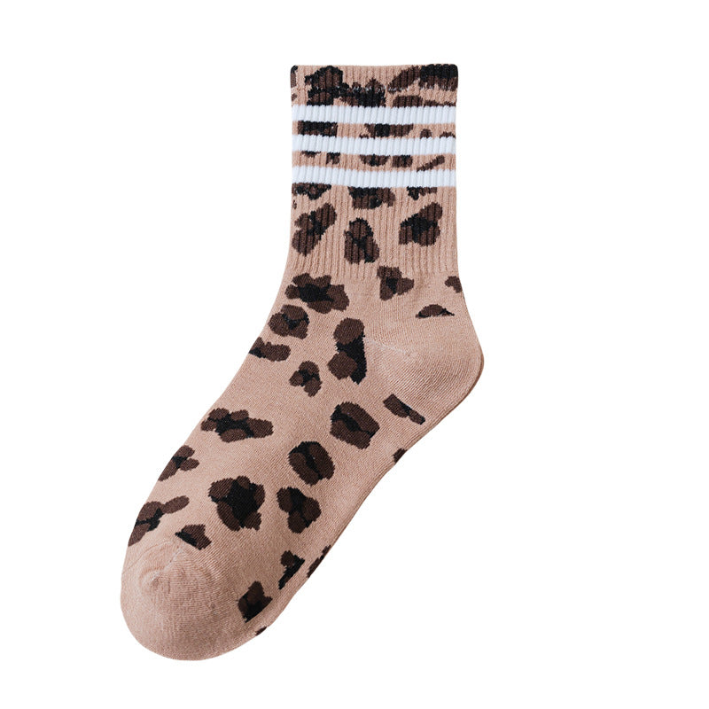 Socks Women's Mid-length Socks Spring and Autumn Korean Style Fashionable Socks Spotted Leopard Print Stockings All-match Non-slip Women's High Socks