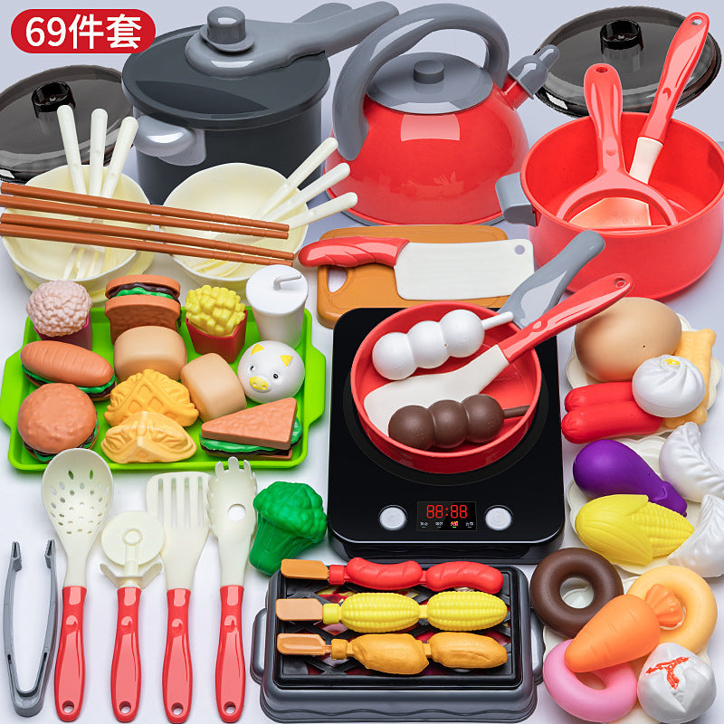 [Cross-border Exclusive] Simulation Kitchenette Cooking Kitchenware suit Fruit Chicing Music Cooking Induction Cooker to play house