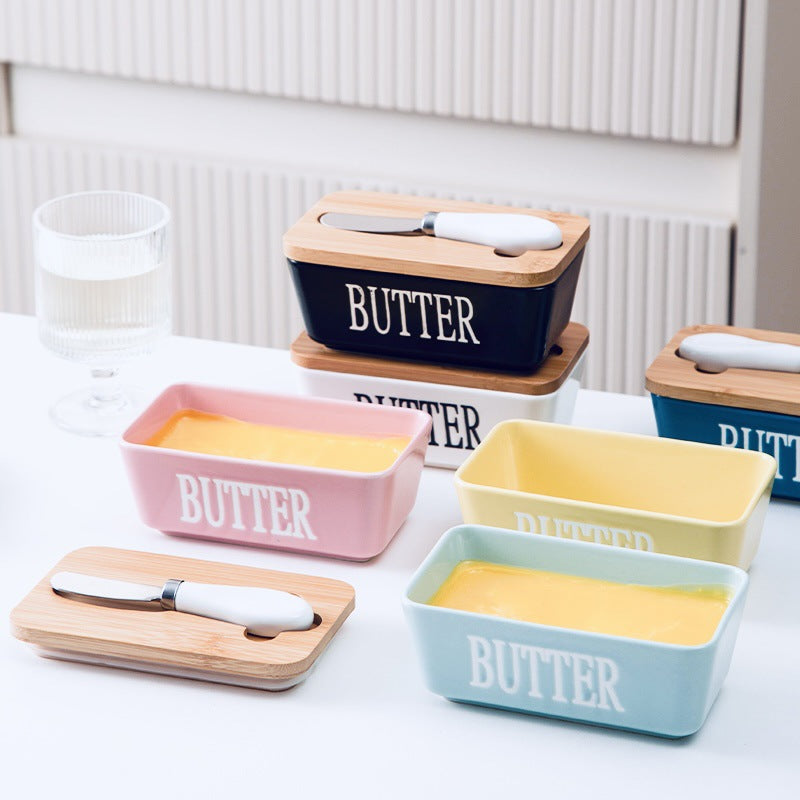 Ceramic Butter Box Rectangular Butter Sealing Box Cuttable Refrigerated Refrigerator Cheese Storage Box with Wooden Lid Butter Dish