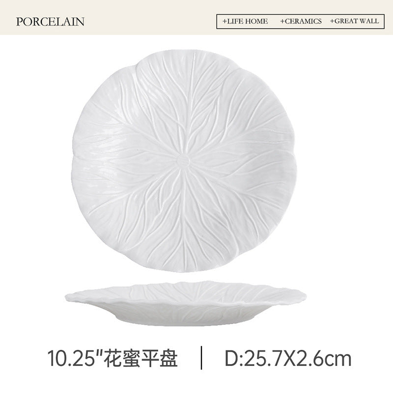 Household Dish Ceramic Plate Creative Cabbage Embossed Tableware Flower-shaped Western Food Plate Dessert Plate Restaurant Light Luxury Flat Plate