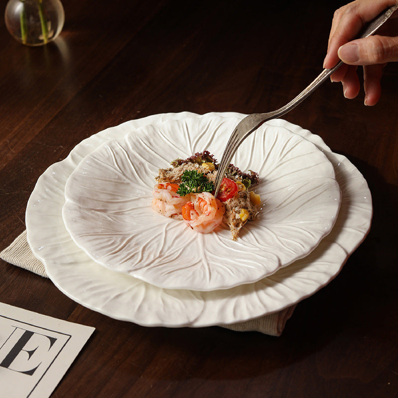 Household Dish Ceramic Plate Creative Cabbage Embossed Tableware Flower-shaped Western Food Plate Dessert Plate Restaurant Light Luxury Flat Plate
