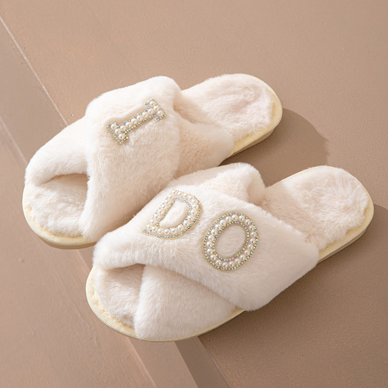 Bride Plush Slippers Cross-Border Popular Pearl Letters Bride Cross Plush Slippers Bachelor Party Wedding